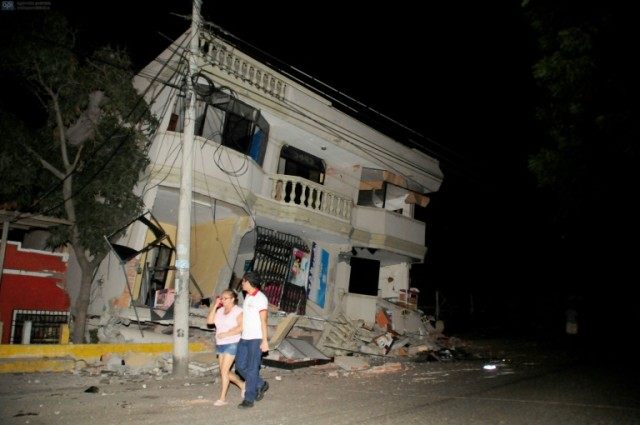 The quake struck at 2358 GMT Saturday about 170 km from Quito and just 27 kilometers from