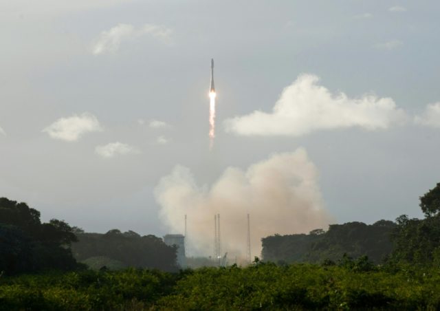 A Soyuz VS14 rocket lifts off from the European space centre at Kourou, French Guiana