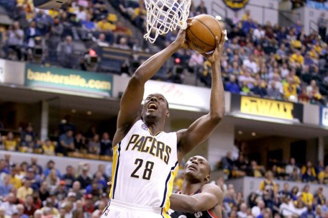 Ian Mahinmi #28 of the Indiana Pacers shoots the ball against the Toronto Raptors during g