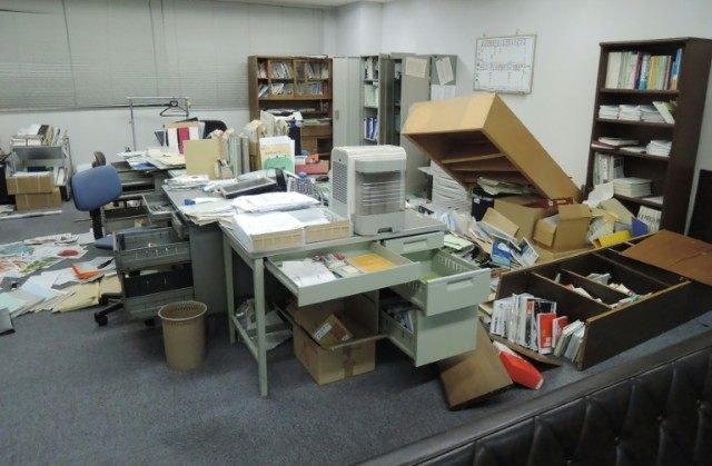 This picture shows an office following an earthquake in Kumamoto city on April 14, 2016