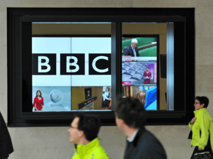 A BBC logo is pictured on a television screen inside the BBC's New Broadcasting House