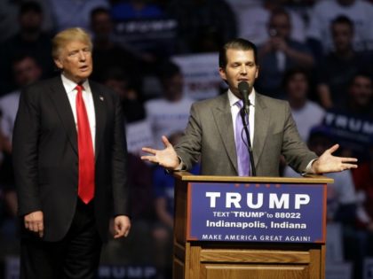 Donald Trump, Jr. speaks as Republican presidential candidate Donald Trump listens during