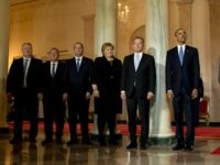 President Barack Obama stands with, from left, Iceland Prime Minister Sigurdur Ingi Johannsson, Danish Prime Minister Lars Lokke Rasmussen, Swedish Prime Minister Stefan Lofven, Norwegian Prime Minister Erna Solberg, Finnish President Sauli Niinisto, and President Barack Obama during an arrival ceremony in the Grand Foyer of the White House in …