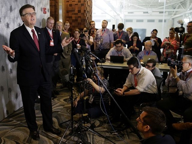 Texas Lt. Gov. Dan Patrick speaks during a news conference at the Texas Republican Convention Friday, May 13, 2016, in Dallas. Texas is signaling the state it will challenge an Obama administrative directive over bathroom access for transgender students in public schools. (AP Photo/LM Otero)