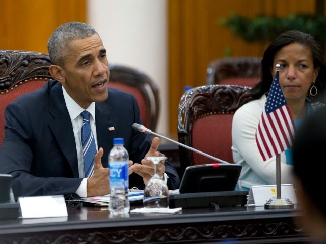 President Barack Obama, joined by National Security Adviser Susan Rice, right, speaks as h