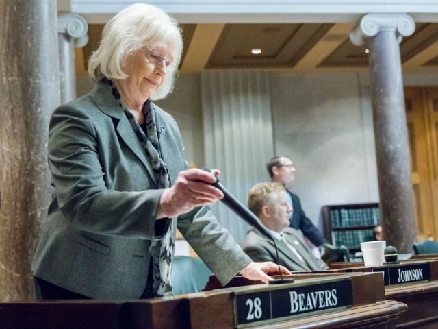 Sen. Mae Beavers, R-Mt. Juliet, concludes remarks on the Senate floor in Nashville, Tenn.,