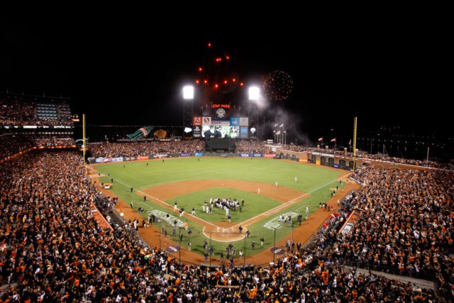 SAN FRANCISCO, CA - OCTOBER 16: The San Francisco Giants celebrate after defeating the St