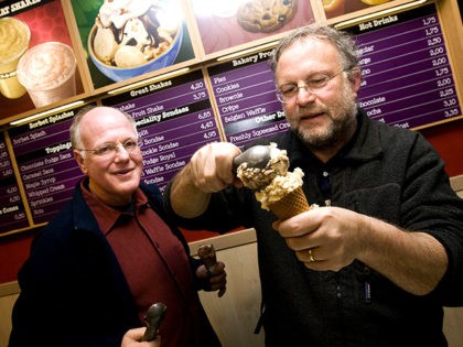 American ice cream makers Ben Cohen (L) en Jerry Greenfield, founders of the brand, Ben & Jerry's give out ice creams for free in their shop in the centre of Amsterdam, The Netherlands on Monday February 22, 2010. AFP PHOTO/ANP/ADE JOHNSON ***netherlands out - belgium out*** (Photo credit should read …