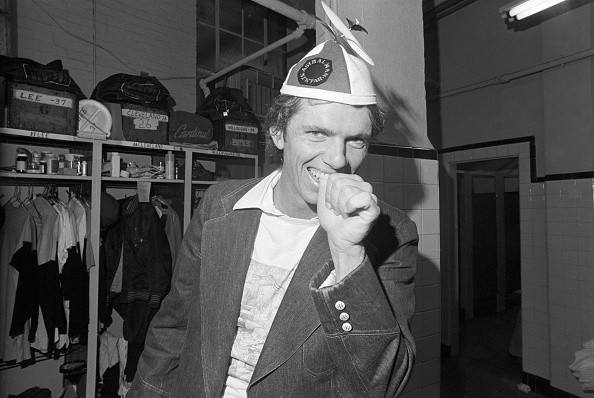 (Original Caption) Boston: Bill Lee clowns around the Red Sox dressing room after his team