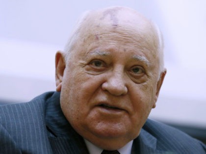 Former Soviet leader Mikhail Gorbachev speaks at the launch ceremony for a book about him