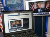 Barack Obama participates in an interview with YouTube and Google from the Roosevelt Room of the White House in Washington, DC, January 30, 2012