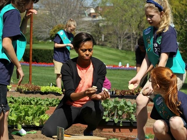 First lady Michelle Obama (C) plants with girl scouts from Troop 60325 of Fairport, New Yo