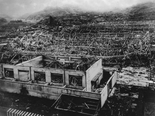 Wreckage of buildings in Hiroshima after the dropping of the atomic bomb (August 1945). (P