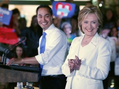 : Secretary of Housing and Urban Development Secretary Julian Castro introduces Democratic presidential candidate Hillary Clinton at a 'Latinos for Hillary' grassroots event October 15, 2015 in San Antonio, Texas.