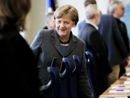 Chancellor Angela Merkel visits the GTAZ (Gemeinsames Terrorismusabwehrzentrum) anti-terror center on April 26, 2016 in Berlin, Germany.