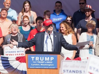 LYNDEN, WA - MAY 07: Republican presidential candidate Donald Trump gives a speech during