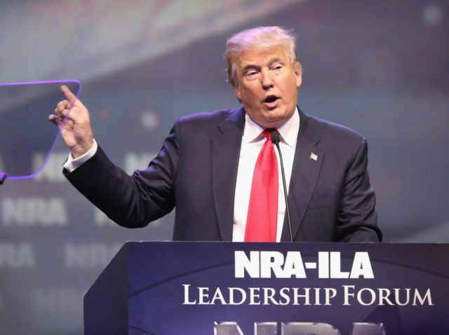 LOUISVILLE, KY - MAY 20: Republican presidential candidate Donald Trump speaks at the National Rifle Association's NRA-ILA Leadership Forum during the NRA Convention at the Kentucky Exposition Center on May 20, 2016 in Louisville, Kentucky. The NRA endorsed Trump at the convention. The convention runs May 22. (Photo by Scott …