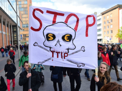 Opponents of TTIP attend a prostest rally on the eve of a US President vist to Hannover Getty