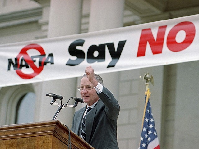 Ross Perot speaks at the “No To This NAFTA” rally on Saturday, Sept. 18, 1993 on the steps of the state Capitol in Lansing, MI. (AP Photo/Lennox McLendon)