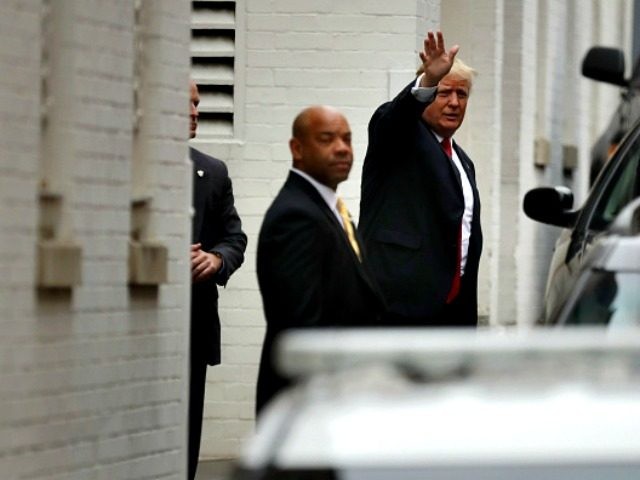 WASHINGTON, DC - MAY 12: Republican presidential candidate Donald Trump arrives at Republican National Committee headquarters on Capitol Hill ahead of a meeting with RNC Chairman Reince Priebus, Speaker of the House Paul Ryan (R-WI) and GOP House leadership May 12, 2016 in Washington, DC. Ryan has yet to endorse …