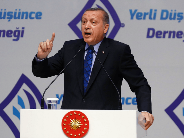 Turkish President Recep Tayyip Erdogan delivers a speech during an event entitled 'Do