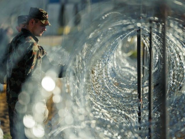 Slovenian soldiers build a razor wire fence on the Slovenian-Croatian border in Gibina, no