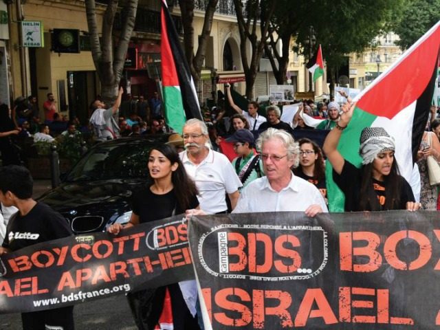 Anti-Israel demonstrators march behind a banner of the BDS organization in Marseille, June 13.. (photo credit:GEORGES ROBERT / AFP)