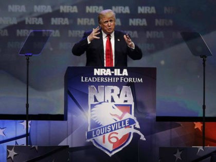 Republican presidential candidate Donald Trump speaks at the NRA Leadership Forum on Frida