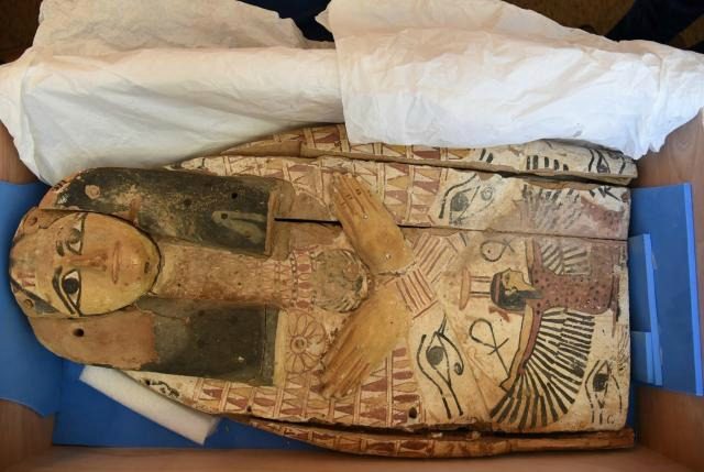 An ancient sarcophagi cover, which Israel handed back to Egypt, can be seen during the han