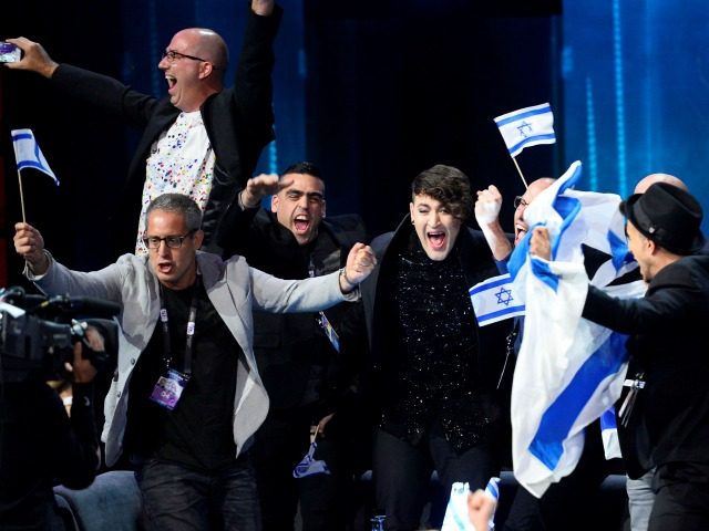Hovi Star representing Israel celebrates as he advances to the grand final, after qualifying in the second semi-final of the Eurovision Song Contest 2016 in Stockholm, Sweden, on May 12, 2016.