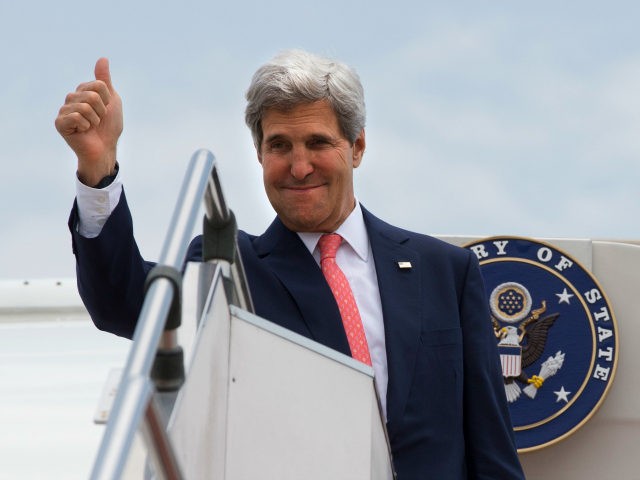 U.S. Secretary of State John Kerry makes the thumbs up sign as he leaves Malaysia from Subang TUDM outside of Kuala Lumpur, Malaysia, on Friday, Oct. 11, 2013, completing his trip to Malaysia after U.S. President Barack Obama cancelled his trip to the region due to the U.S. government shutdown. …