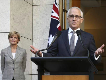 Australia Prime Minister Malcolm Turnbull announces his new cabinet as Foreign Minister Julie Bishop, left, looks on during a press conference at Parliament House in Canberra, Australia, Sunday, Sept. 20, 2015. Turnbull announced sweeping changes to his first Cabinet and promoted more women from two to five, including Australia’s first …
