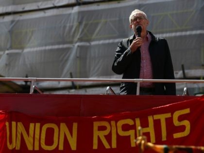 Britain's opposition Labour Party leader Jeremy Corbyn gives a speech from the top of