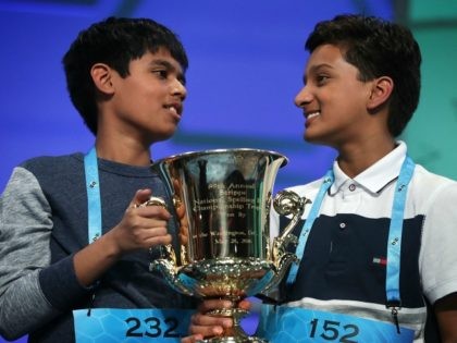 Spellers Nihar Saireddy Janga (L) of Austin, Texas and Jairam Jagadeesh Hathwar (R) of Pai