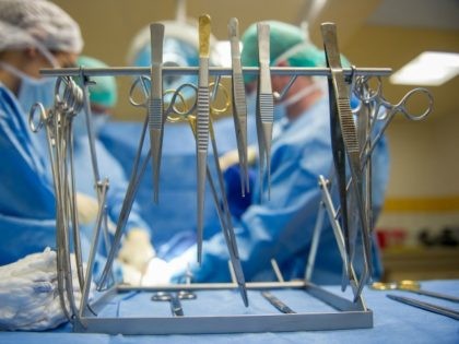 A picture shows surgical scissors and forceps during a mock surgery on a 'SimLife' model at the Pharmacy and Medicine Faculty at the University of Poitiers on February 4, 2016.