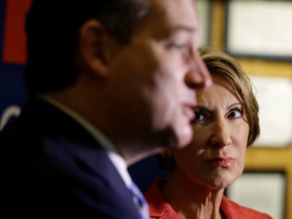 Vice-presidential candidate Carly Fiorina listens as Republican presidential candidate, Sen. Ted Cruz, R-Texas, speaks during a campaign stop at The Indiana War Memorial Friday, April 29, 2016, in Indianapolis. (AP Photo/Darron Cummings)