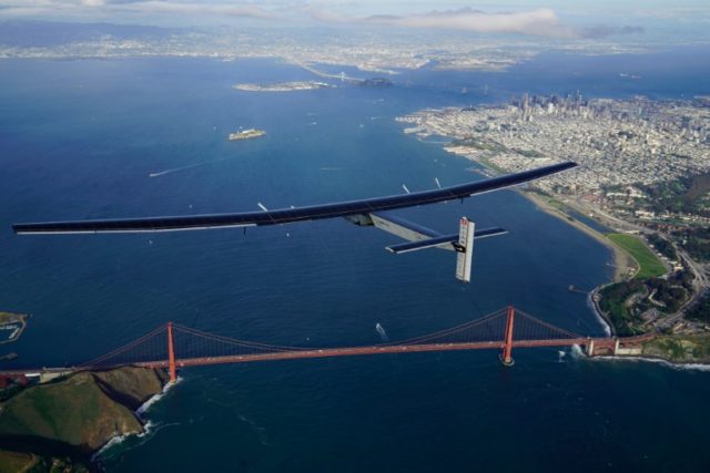 Solar Impulse 2 flies over the Golden Gate Bridge in San Francisco on April 23, 2016