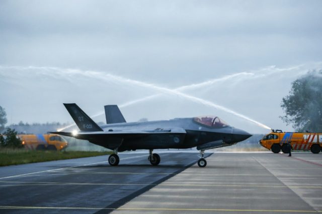 One of the first two American F-35A Lightning II fighter jets lands in Leeuwarden in The N