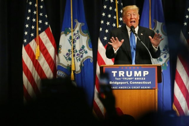 Republican presidential candidate Donald Trump speaks at a rally on April 23, 2016 in Brid