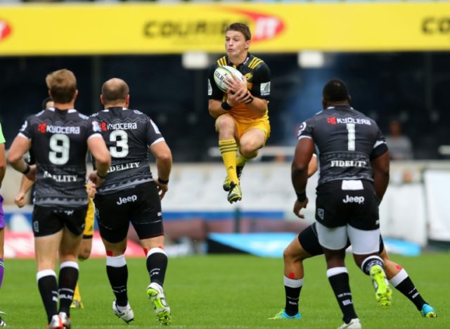 Hurricanes' Beauden Barrett goes up for the ball during the Super Rugby match between Shar