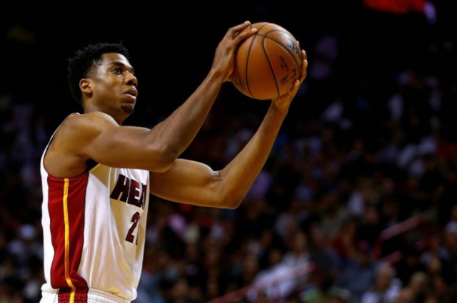Hassan Whiteside of the Miami Heat shoots a foul shot during a game against the Chicago Bu