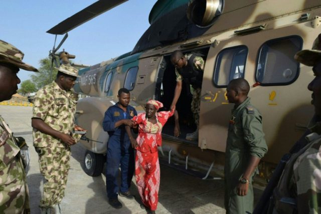 Amina Ali seen alighting from a Nigerian Army helicopter after her release on May 18, 2016