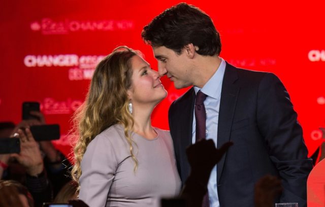 Justin Trudeau kisses his wife after winning the Canadian general election in October 2015