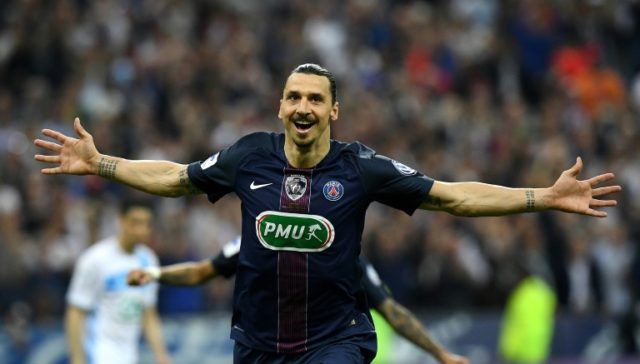 Paris Saint-Germain's forward Zlatan Ibrahimovic celebrates after scoring a goal during th