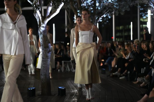 Models catwalk creations by Australian fashion designer Dion Lee during his show for Austr