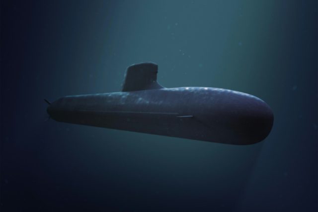A computer-generated image of the 4,500 tonne Barracuda shortfin submarine that French fir