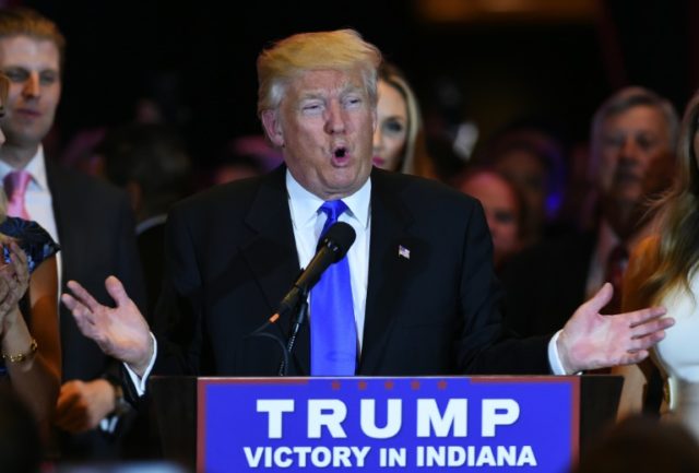 Donald Trump addresses supporters at an election party in New York, on May 3, 2016