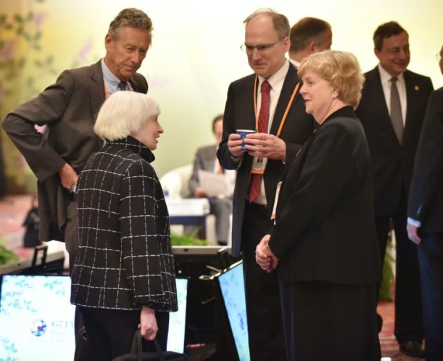 US Federal Reserve chief Janet Yellen (L) attends the G7 Symposium entitled "Future of the