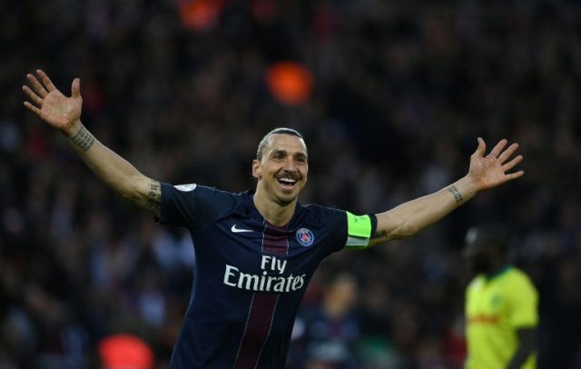 Paris Saint-Germain's forward Zlatan Ibrahimovic celebrates his goal during the French L1