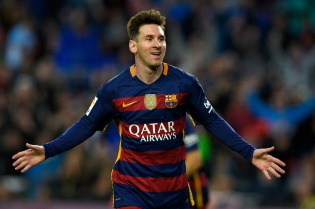 Barcelona's forward Lionel Messi celebrates after scoring a goal during the Spanish league